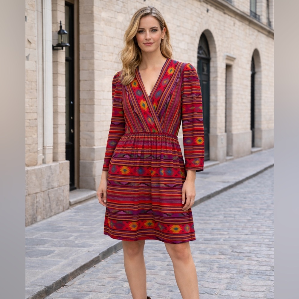 Vintage Mollie Parnis Red Southwest Patterned Dress